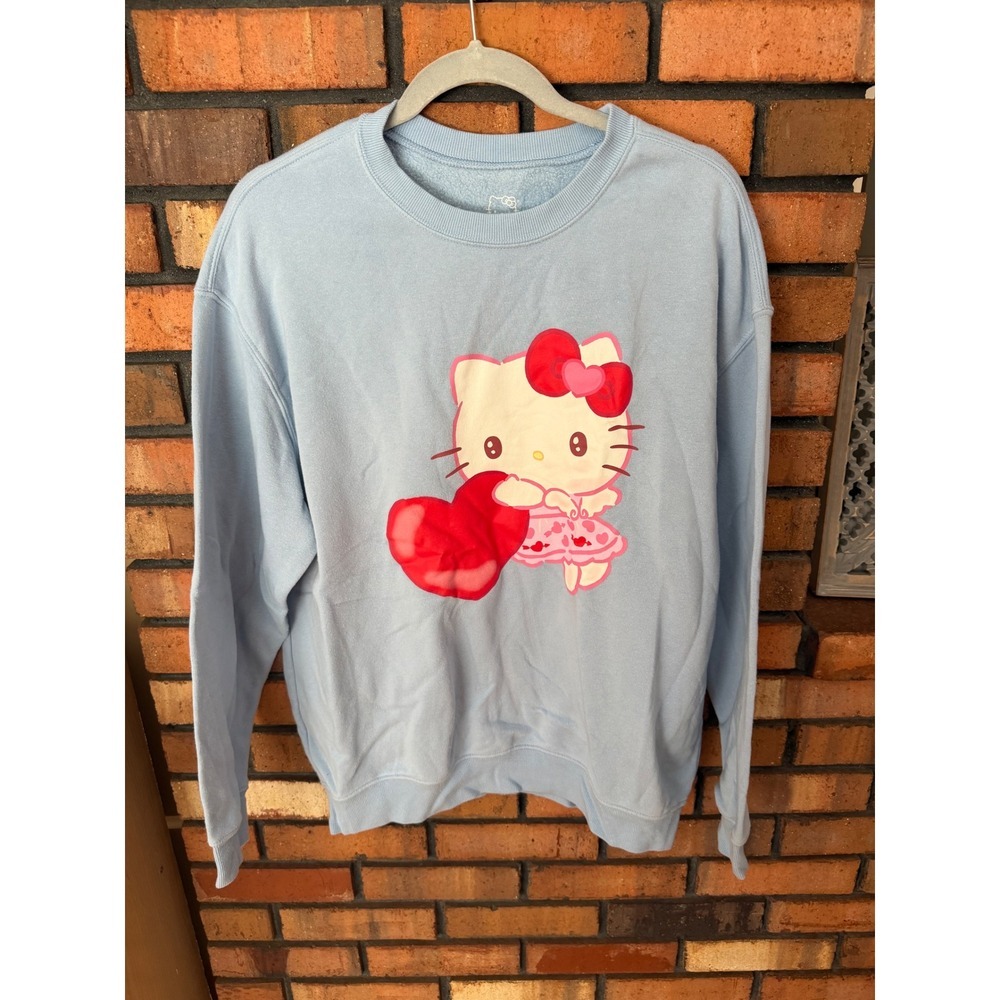Hello Kitty Sanrio Blue Heart Graphic Crewneck Sweatshirt Large SIL-34452